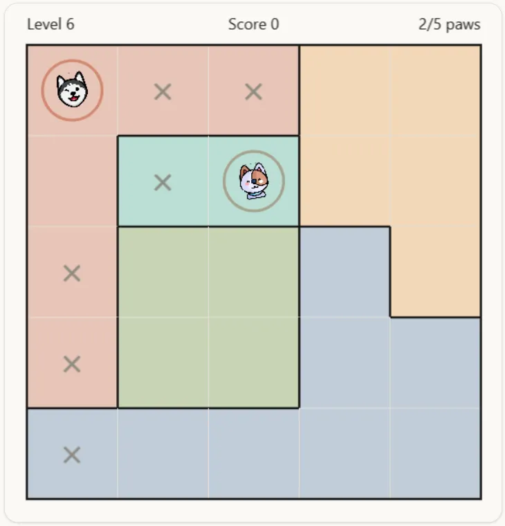A Pawdoku board with two dogs placed and several crosses marking cells where a dog cannot go