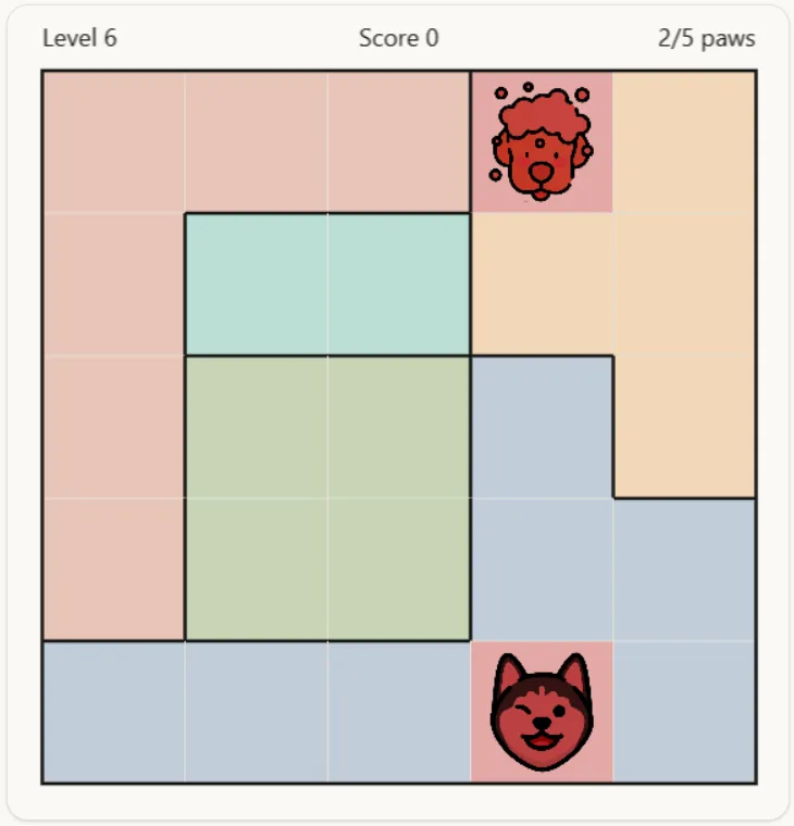 Two dogs placed in the same column of a Pawdoku board, both highlighted red because a column can only hold one dog