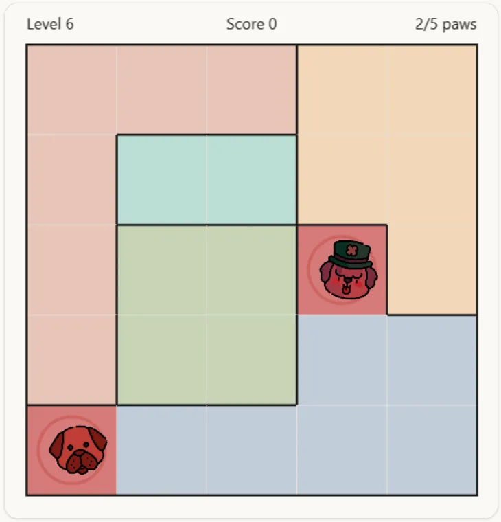 Two dogs placed in the same blue-grey region of a Pawdoku board, both highlighted red because a region can only hold one dog